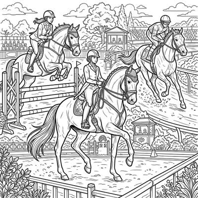 Saddle up for an artistic adventure with this thrilling coloring page featuring teenage equestrian athletes. Explore the detailed world of show jumping, dressage, and racing as you bring these powerful horses and skilled riders to life with your favorite colors.