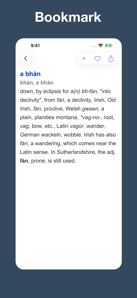 Gaelic etymology dictionary - A mobile app screenshot showing the etymological definition of the Gaelic word a bhan with a bookmarking feature.