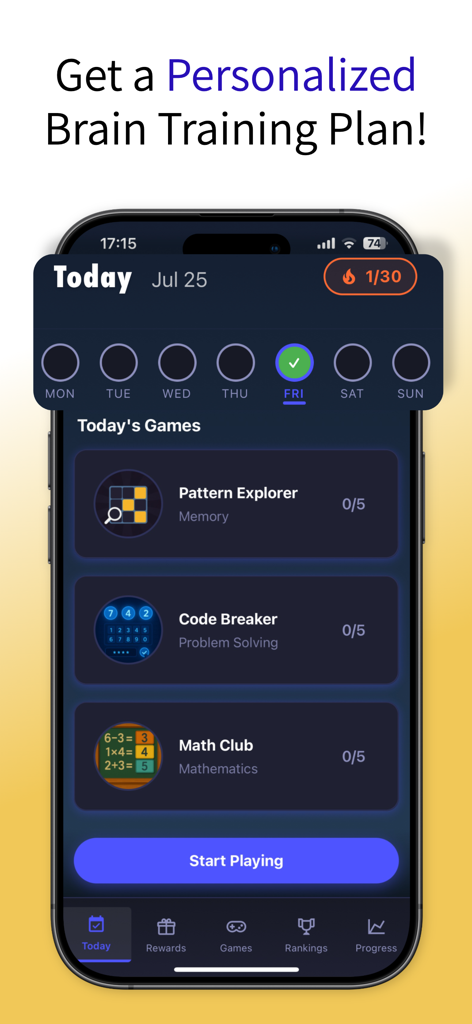 Mind Master: Brain Tests - Interfaz de la aplicación Mind Master que muestra un plan de entrenamiento cerebral diario personalizado con juegos cognitivos como Pattern Explorer y Math Club.