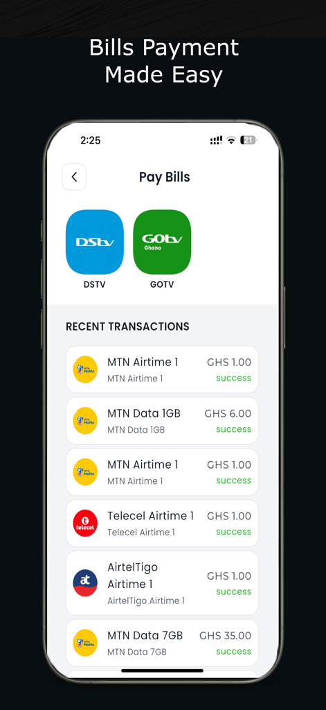 KiKi - KiKiモバイルアプリの請求書支払い画面。DSTVとGOTVの支払いオプション、および通信時間とデータの最近の取引履歴が表示されます。