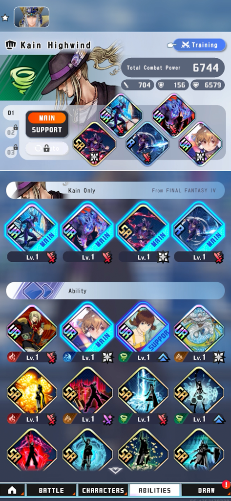 Character ability customization menu for Kain Highwind showing rarity cards and combat stats