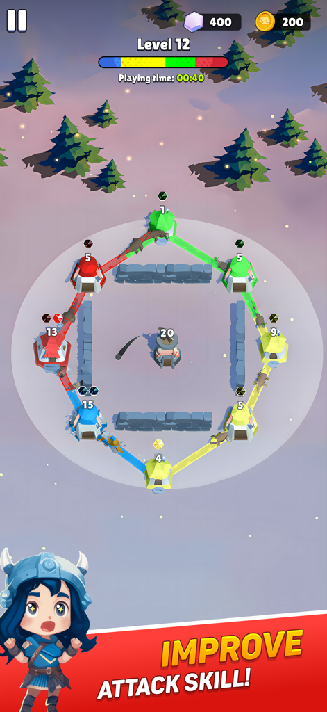 Connect Towers - Islands War - Gameplay screenshot of Connect Towers Islands War showing a strategy battle to conquer colored towers in a snowy environment.