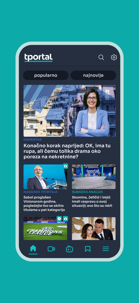 tportal - Startbildschirm der tportal-Nachrichten-App mit Artikeln zu Politik, Sport und Kultur.