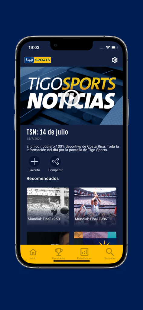 Tigo Sports Costa Rica mobile app news interface displaying sports bulletins and recommended videos