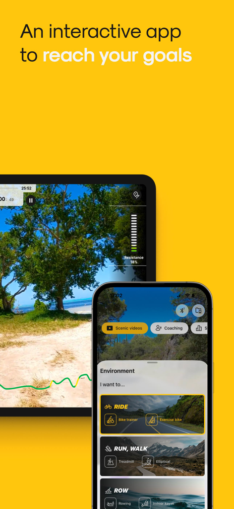 Kinomap app interface on smartphone and tablet showing real-world scenic video routes for indoor cycling running and rowing