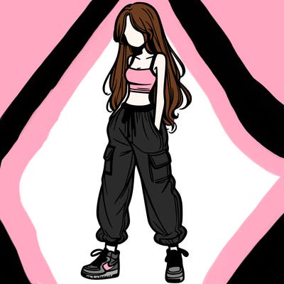 girl in baggy pants crop top and long hair