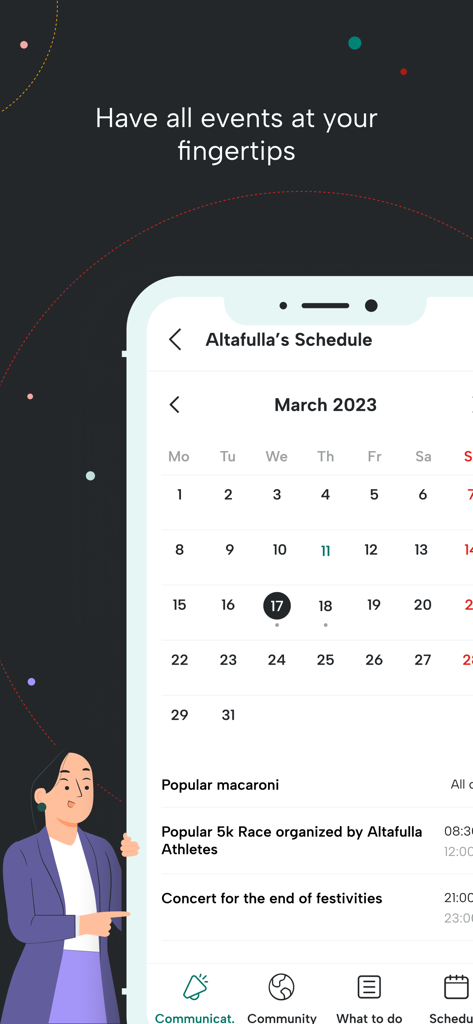 eAgora - eAgora app interface showing a local community event calendar and activity schedule for March 2023
