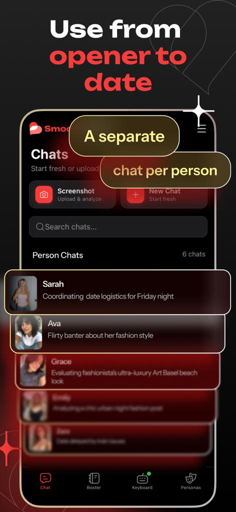 Interface of the Smoothspeak app showing a list of separate AI-assisted chats with different dating contacts.