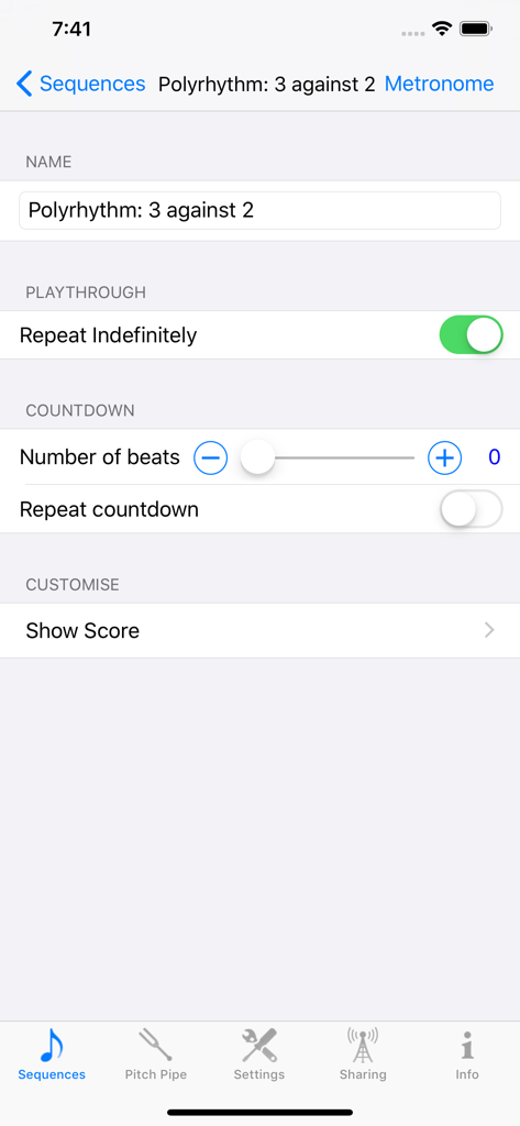 Metron (Pro Metronome) - Metronアプリのインターフェース、3対2のポリリズムシーケンスの設定を表示