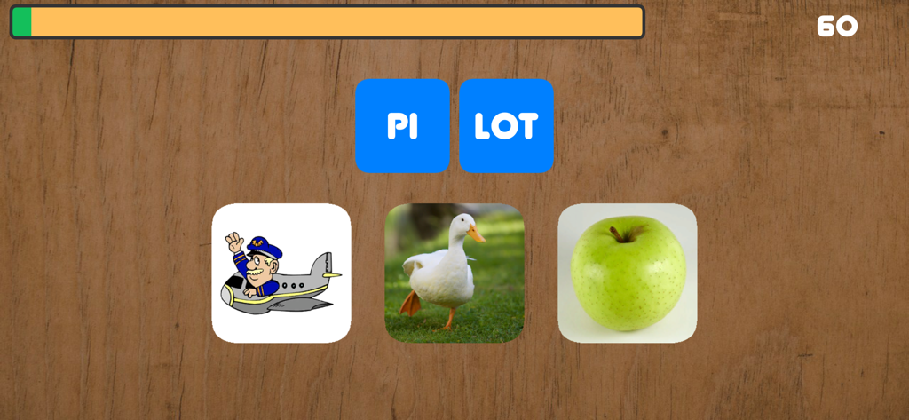 Silben lesen lernen - Bildschirm einer deutschen Lern-App, die Kindern beibringt, zweisilbige Wörter wie Pilot zu lesen