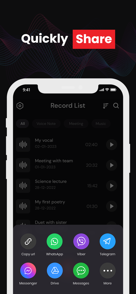 Recorder - Voice Memos - Menu de compartilhamento no aplicativo Gravador de Voz mostrando opções para compartilhar arquivos de áudio via WhatsApp Messenger e Google Drive