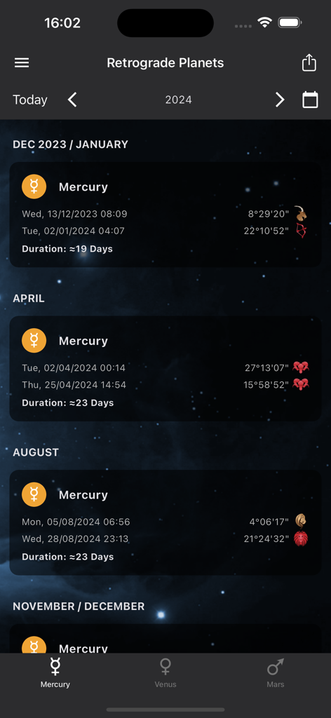MoonWorx Lunar Calendar - Mercury retrograde schedule for 2024 in MoonWorx lunar calendar app
