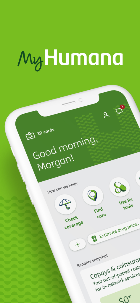 MyHumana - Pantalla de inicio de la aplicación móvil MyHumana que muestra herramientas para tarjetas de identificación, cobertura y servicios de farmacia