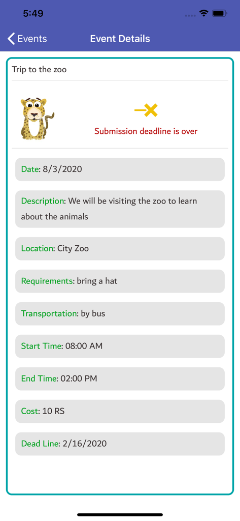 iCare Kids - iCare Kids App-Bildschirm, der Details für einen Ausflug eines Kindergartens in den Zoo zeigt, einschließlich Datum, Uhrzeit und Ort