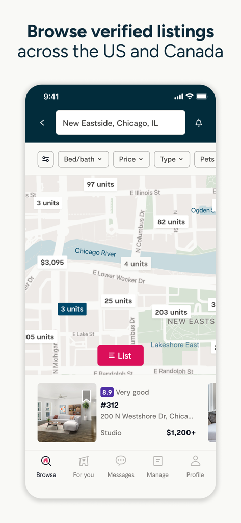 Zumper app map view showing apartment listings and prices in Chicago Illinois