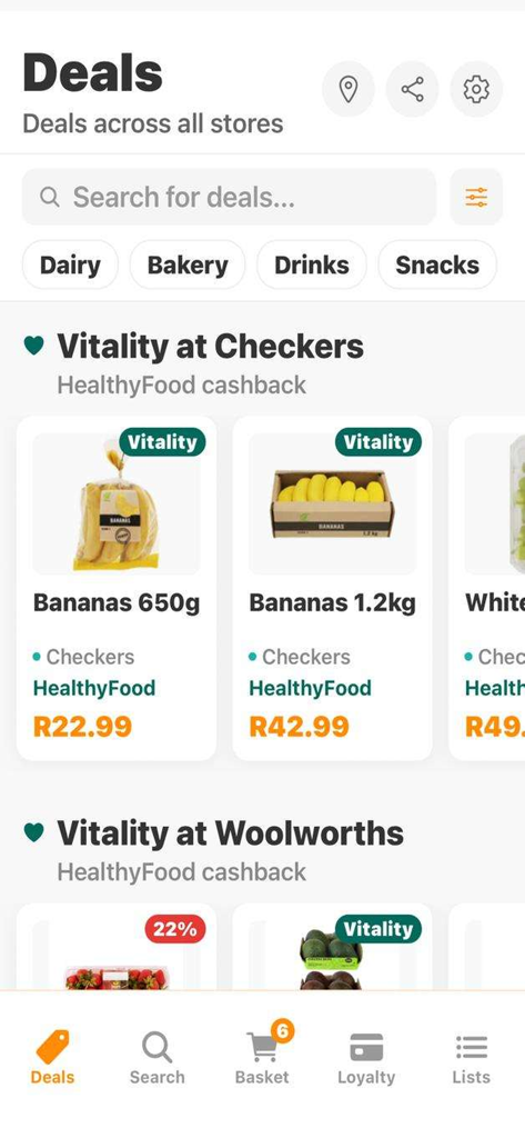 Grocify app screen showing grocery deals and price comparisons for Checkers and Woolworths in South Africa