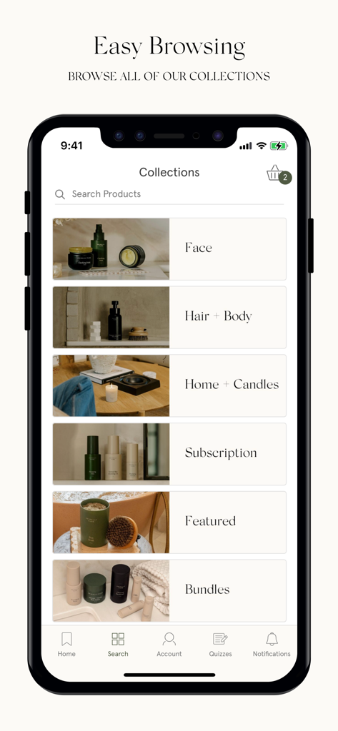 Primally Pure - Uma interface de aplicativo móvel para Primally Pure exibindo diferentes categorias de produtos de cuidados com a pele e bem-estar, como Rosto, Cabelo e Corpo, e Casa e Velas.