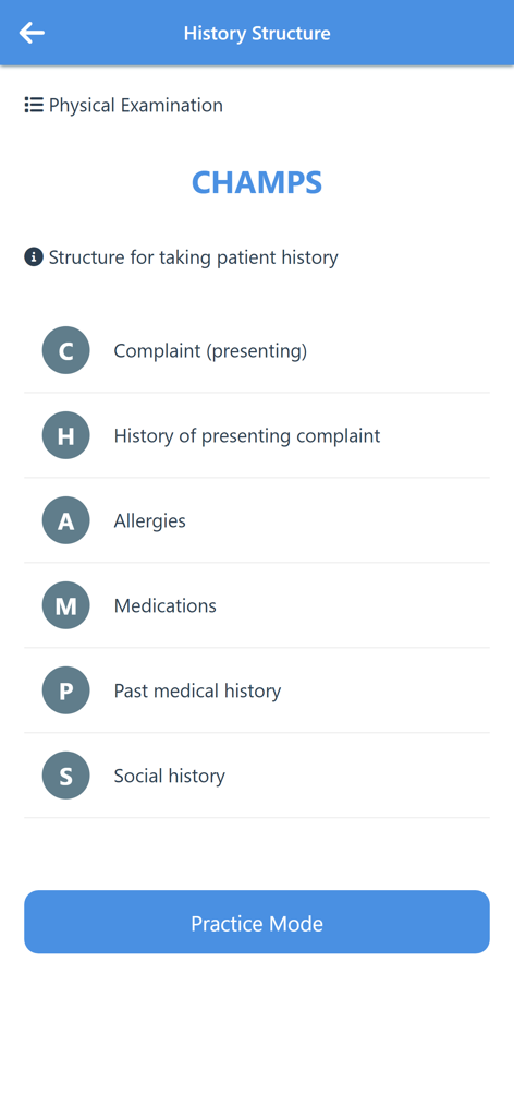 Medical Mnemonics App - CHAMPS mnemonic for taking patient history in the Medical Mnemonics app