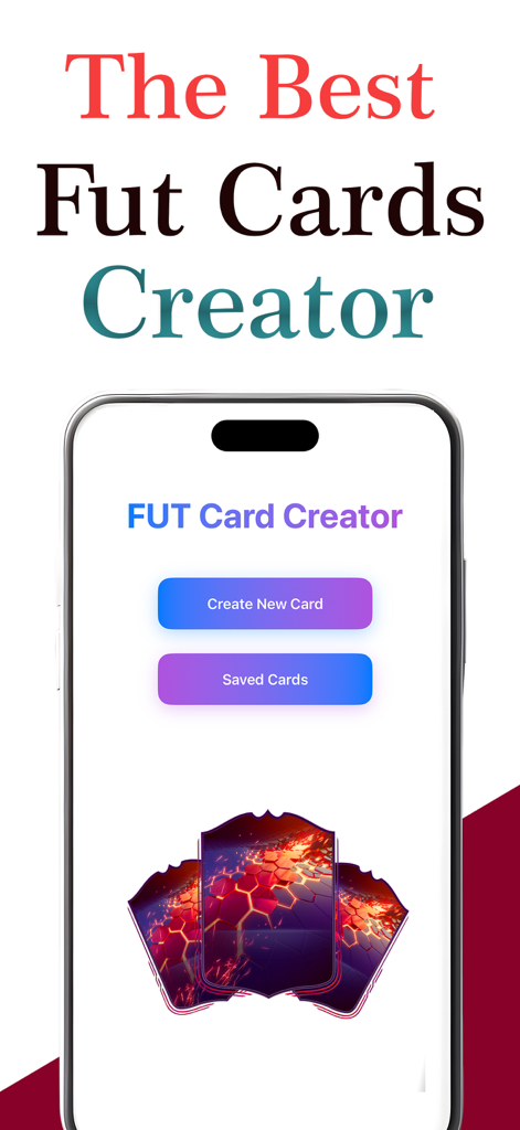 Pantalla de inicio de la aplicación móvil Fut Card Creator con opciones para crear nuevas cartas o ver diseños guardados