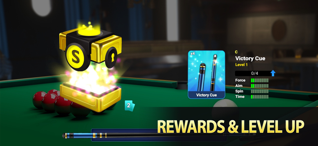 Pantalla de recompensas y subida de nivel de Snooker Elite Online con un taco de victoria