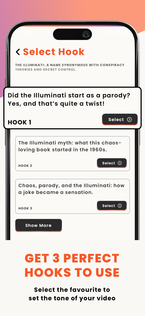 Sophiana: Script & Video Maker - Screenshot of the Sophiana app showing three AI-generated video hook options for a script about the Illuminati history.