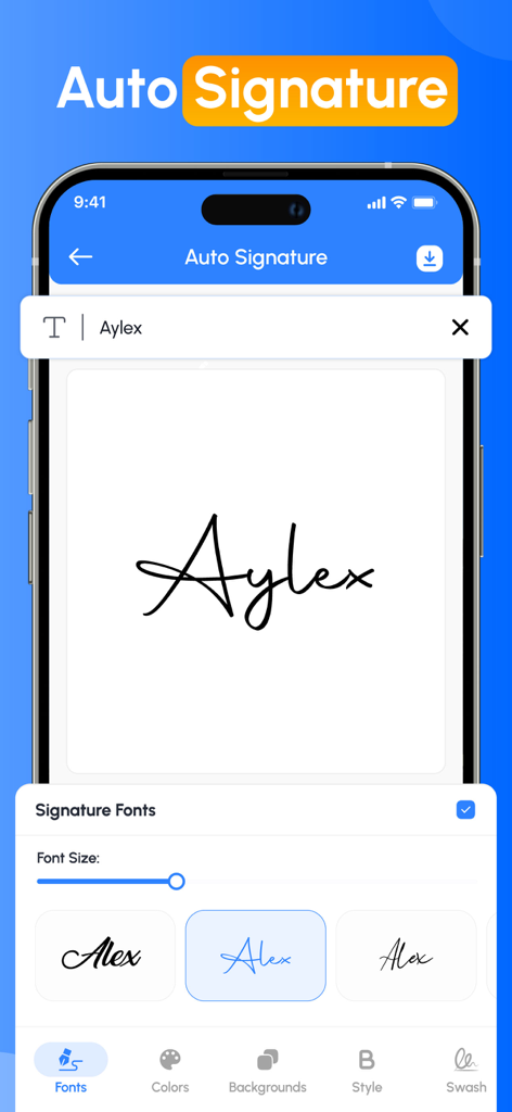 Signature Creator: Signing app - Interfaz de la aplicación Signature Creator mostrando varios estilos de fuente manuscrita para crear una firma automática.