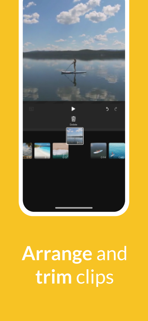 Interfaz de la app móvil WeVideo mostrando a un usuario organizando y recortando clips de video en una línea de tiempo