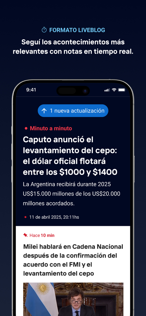 Interfaz del liveblog de la app TN que muestra actualizaciones de noticias en tiempo real sobre Argentina