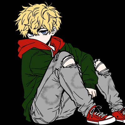 a male hoddie ripped jeans messy hair anime