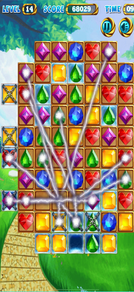 Jewel Poping Mania - Captura de pantalla de Jewel Poping Mania que muestra una cuadrícula de match 3 con joyas coloridas y efectos de rayos