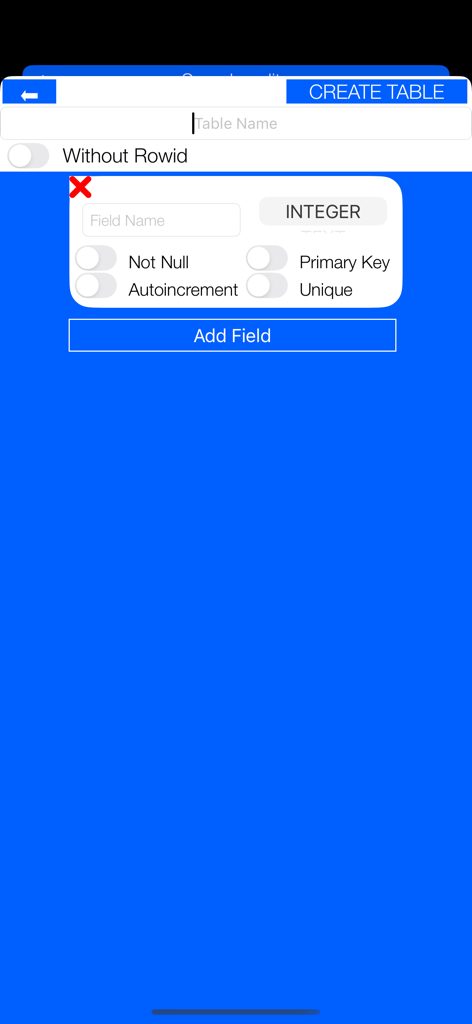 Ultimate Database - Interface of the Ultimate Database app showing options to create a new database table and configure its fields.