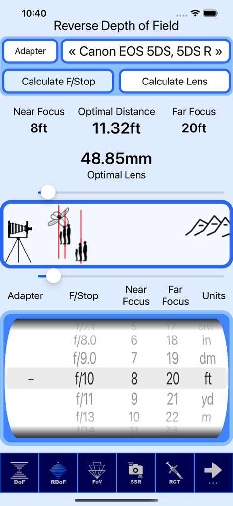 Interface of the SetMyCameraDF app showing reverse depth of field calculations for a Canon EOS camera