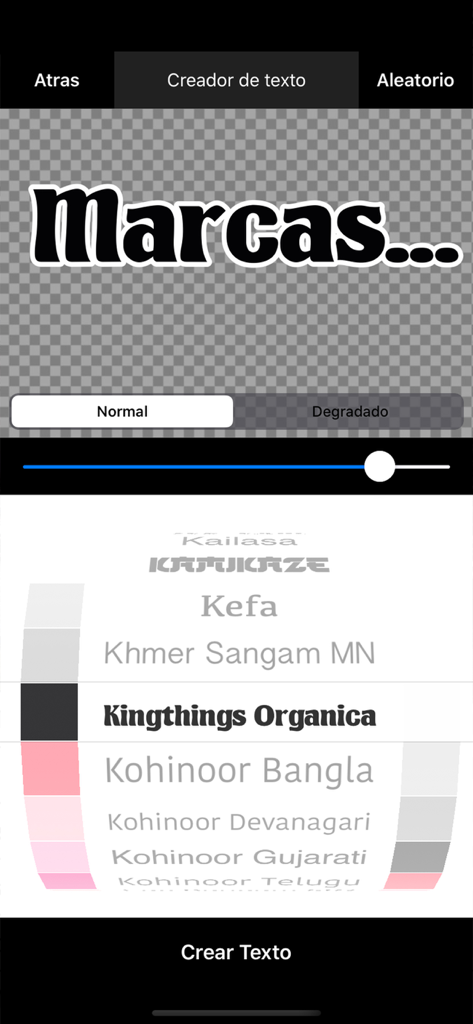 La pantalla del editor de texto de la aplicación Watermarks, que muestra la selección de fuentes y la configuración de estilo.