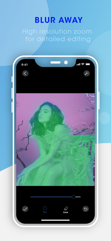 Auto Blur Background - Una pantalla de teléfono que muestra la interfaz de zoom detallado y edición manual de la aplicación Fondo de Desenfoque Automático.