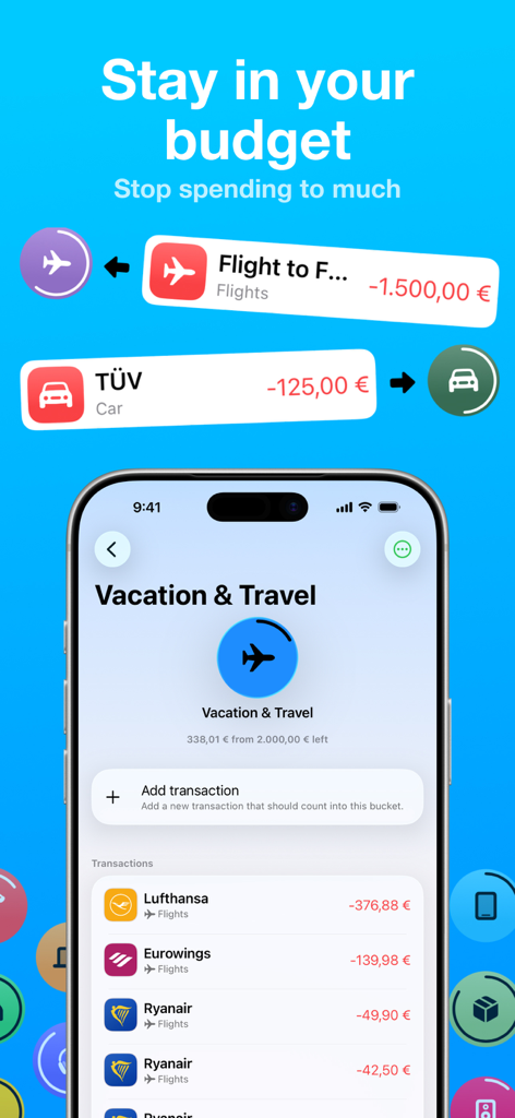 Financial - Manager & Tracker - Budget tracking screen for vacation and travel expenses in the Financial app on an iPhone.