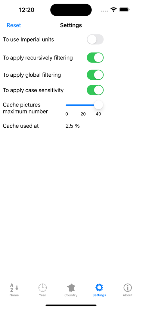 Settings screen of the Planes Encyclopedia app showing unit preferences and filtering options
