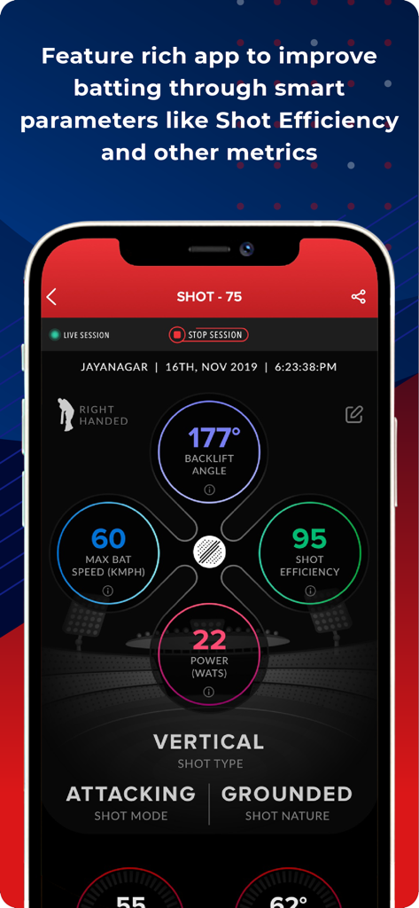 SmartCricket - BatSense - SmartCricket app interface displaying cricket batting parameters like shot efficiency, bat speed, and backlift angle.