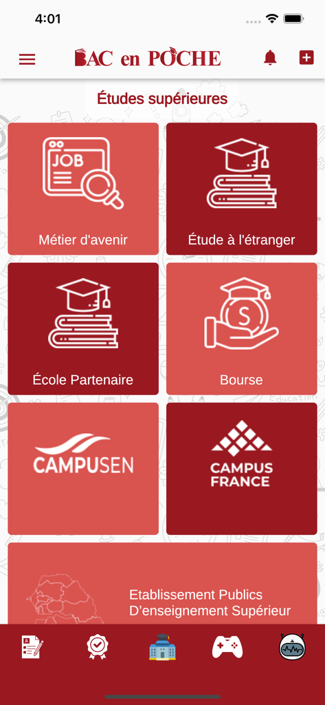 Bac en Poche Senegal - Menu de planification de l'enseignement supérieur dans l'application Bac en Poche Sénégal présentant des sections pour les bourses d'études à l'étranger et les parcours professionnels.