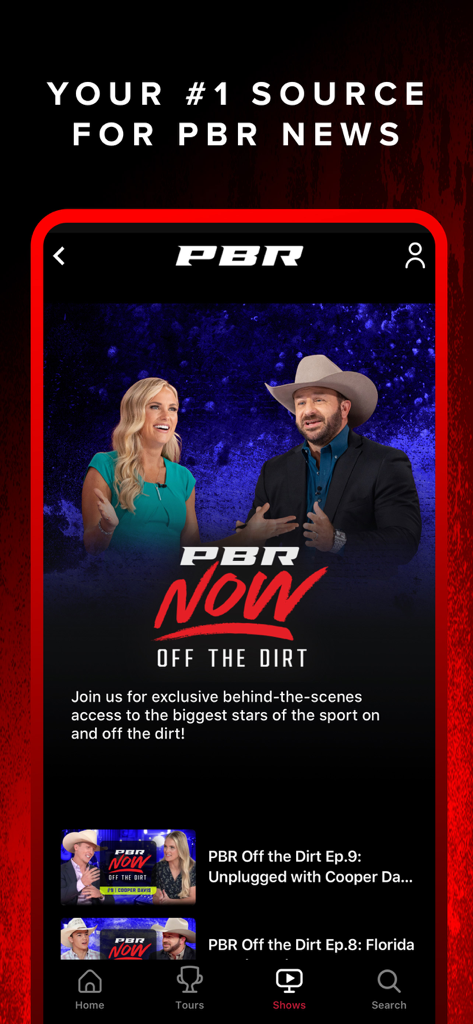 PBR - Interfaz de la aplicación de PBR que muestra el segmento de noticias y programas Off the Dirt con una lista de episodios