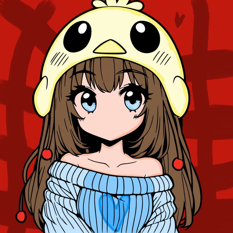 anime girl with chick shaped hat with sweater with bare shoulders with bangs covering them one eye with low tail
