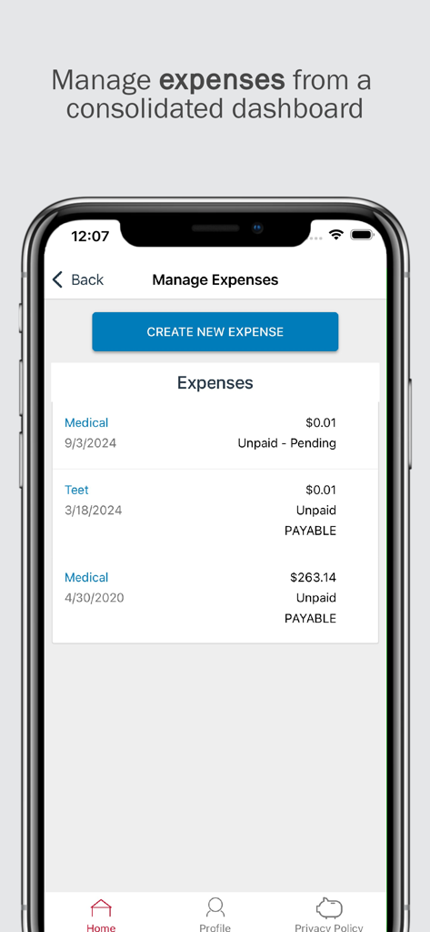 Manage expenses dashboard in the Benefits by WEX mobile app showing a list of medical costs and their payment statuses.