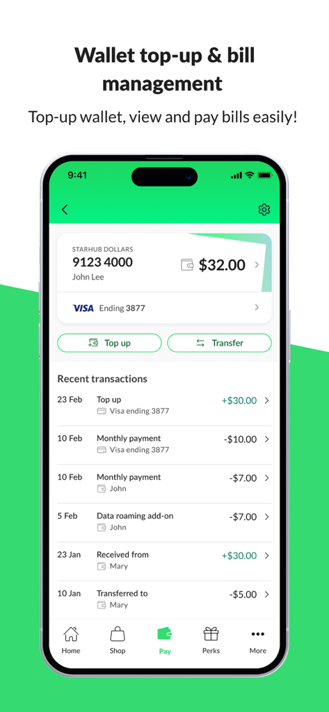 StarHub App - StarHubアプリのウォレット画面。残高チャージオプションと最近の取引履歴が表示されています。