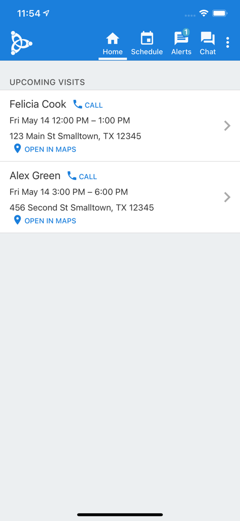 AxisCare Mobile - AxisCare Mobile 홈 화면에 고객 정보 및 내비게이션 옵션이 있는 예정된 간병인 방문 표시
