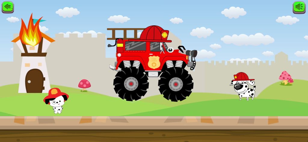 Monster Truck Games! Go Racing - A cartoon fire truck monster truck with dalmatian puppies in a colorful landscape