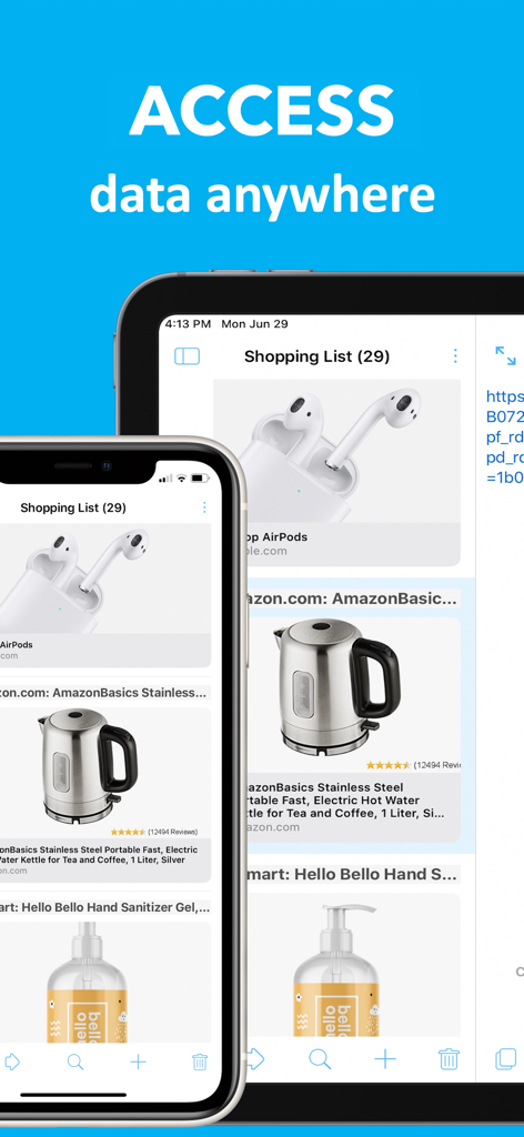 Clipboard manager app showing a shopping list synced across an iPhone and an iPad.