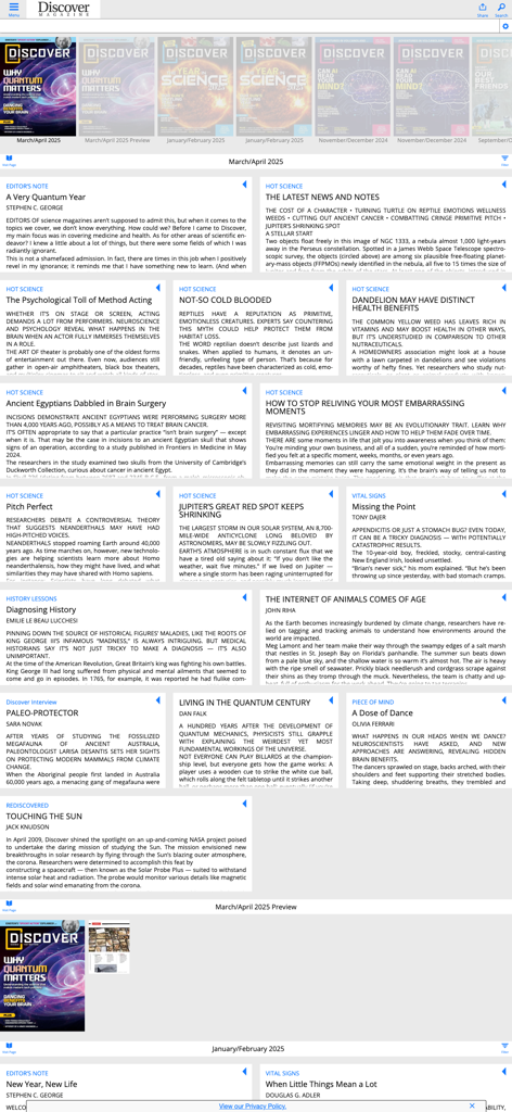 Digital table of contents of the Discover Magazine app featuring various science and health articles