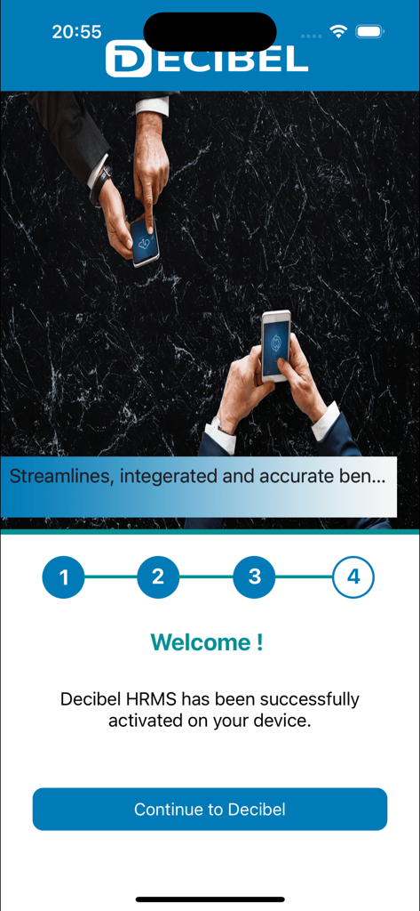 A welcome screen for Decibel HRMS confirming successful app activation