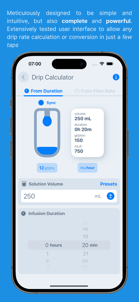 EasyDrops IV Drip Calculator app screen for calculating infusion rates from duration.