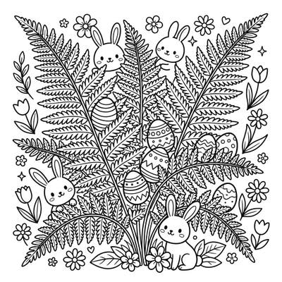Celebrate Easter with this charming Lady Fern coloring page, perfectly designed for seniors. Featuring clear, bold outlines of cheerful bunnies and decorated eggs nestled among delicate ferns, it offers a relaxing and accessible coloring experience.