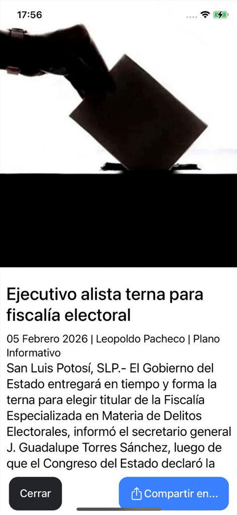 Plano Informativo - News article in Plano Informativo app about electoral prosecutor in San Luis Potosi